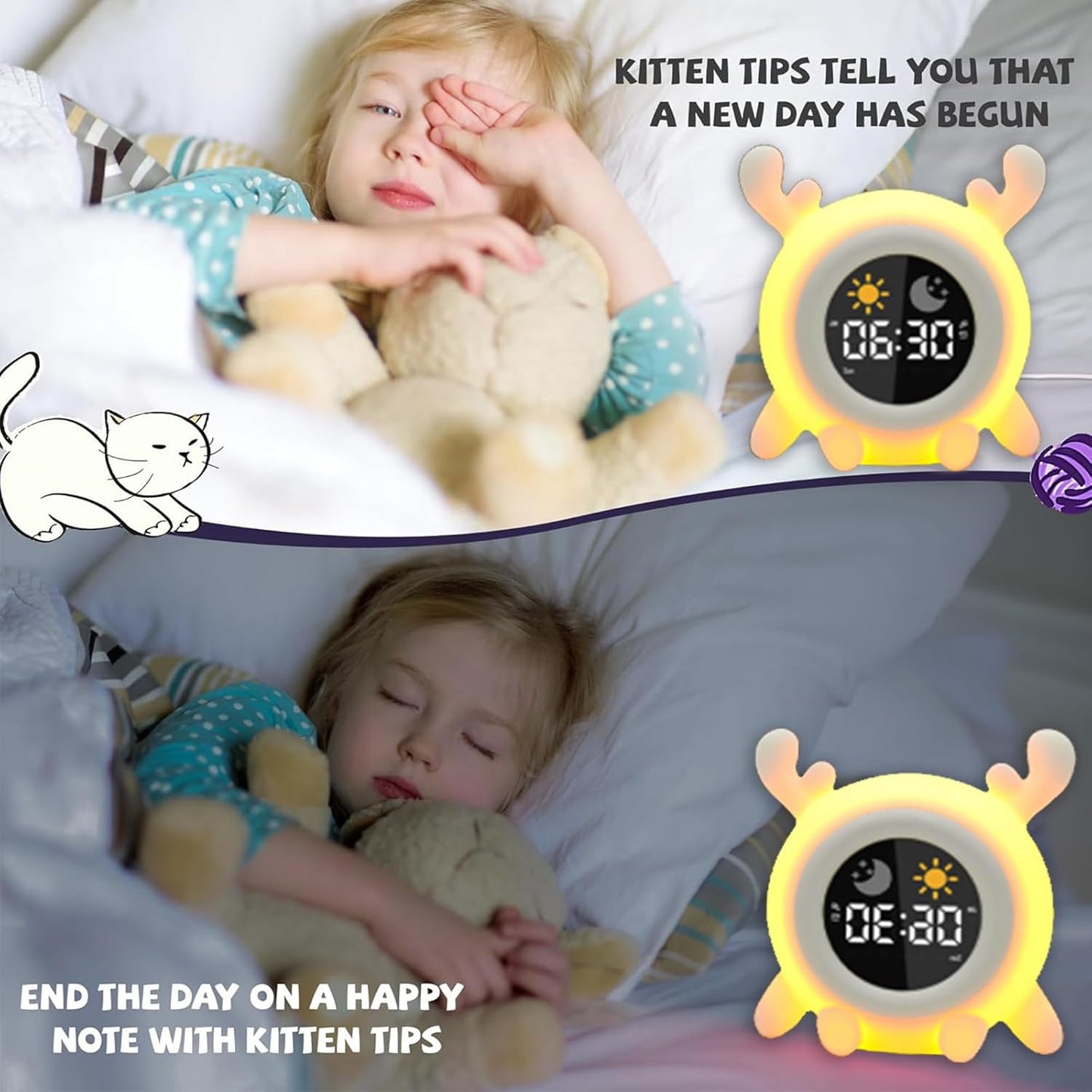 Alarm Clock, 8 Colors Adjustable Alarm Clock for Bedroom with 6 White Noises and 6 Ringtones, Cute Rechargeable Cartoon Sunrise Alarm Clock with LED Display for All Ages (A)