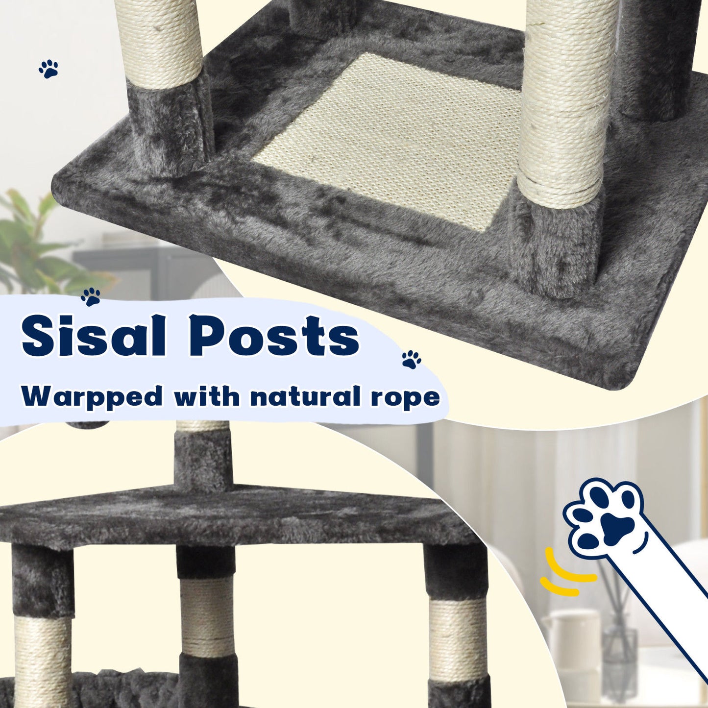 Large Grey Cat Tree Tower Condo with Scratching Post Bed