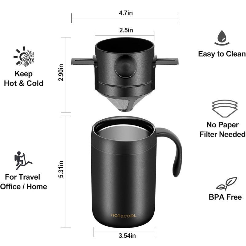 Black Portable Pour Over Coffee Maker Set Insulated Stainless Steel Travel Mug with Reusable Drip Filter and Spoon 3 Piece Kit