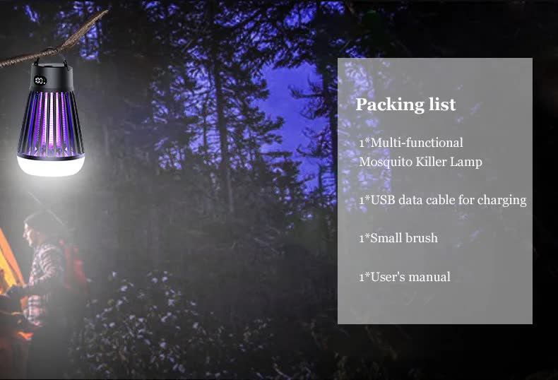 2-in-1 Rechargeable Mosquito Zapper & Camping Lantern - 2000V Electric Insect Killer with Smart Digital Display - 2000mAh Battery Portable Bug Trap for Outdoor Tent Patio & Home - IPX5 Waterproof - Black