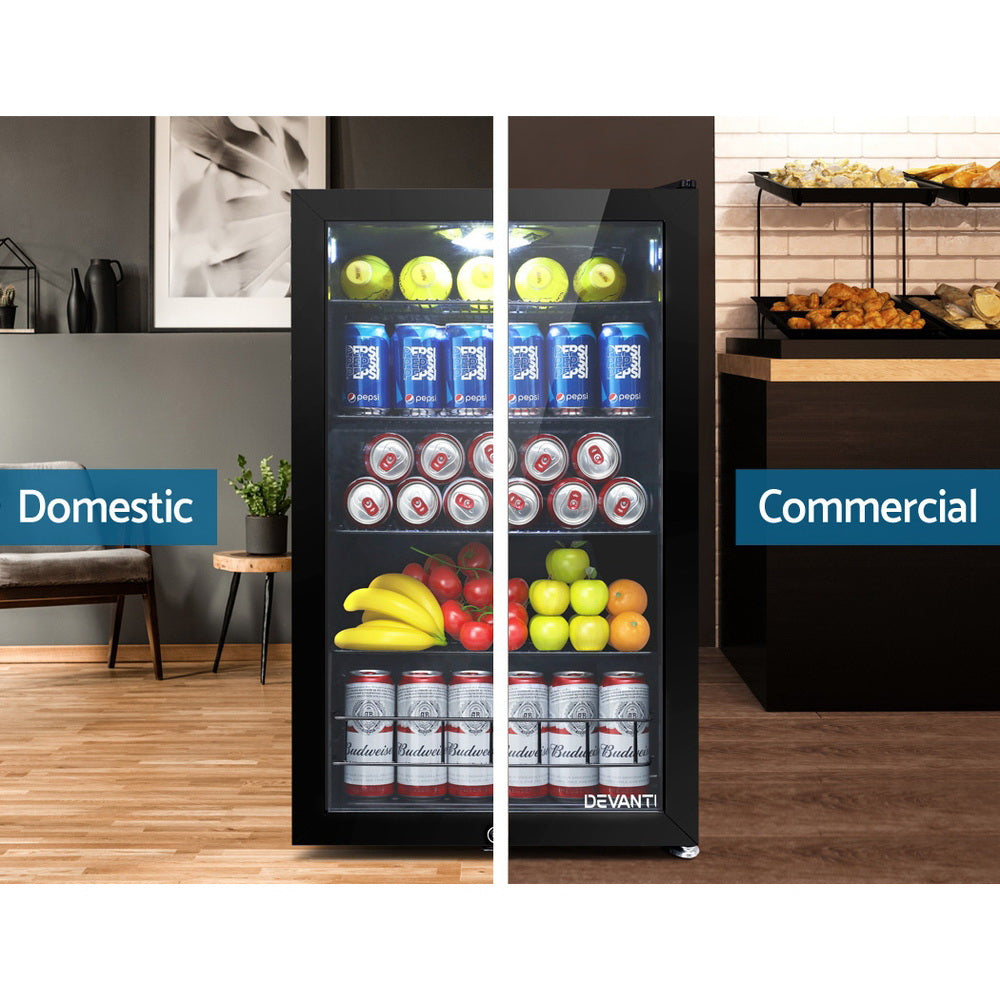 Devanti 115L Bar Fridge Glass Door w/Light Black