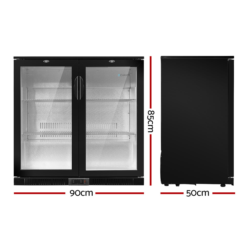 Devanti 198L Bar Fridge Dual Glass Door w/Light Black