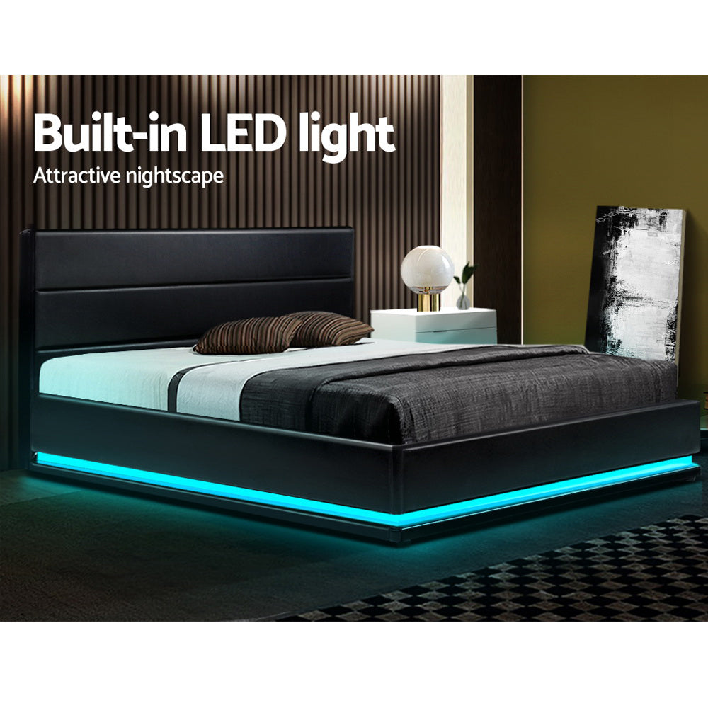 Artiss Bed Frame Queen Size LED Gas Lift Black LUMI