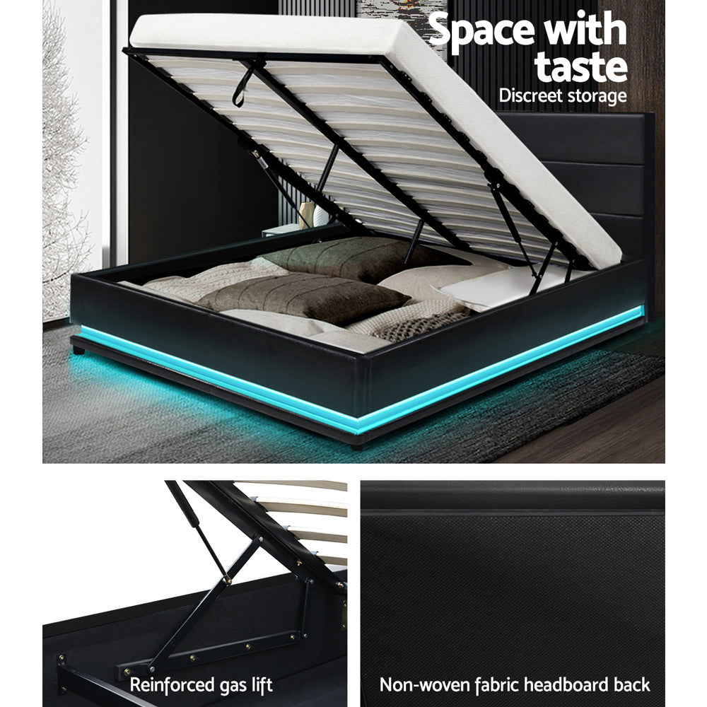 Artiss Bed Frame Queen Size LED Gas Lift Black LUMI