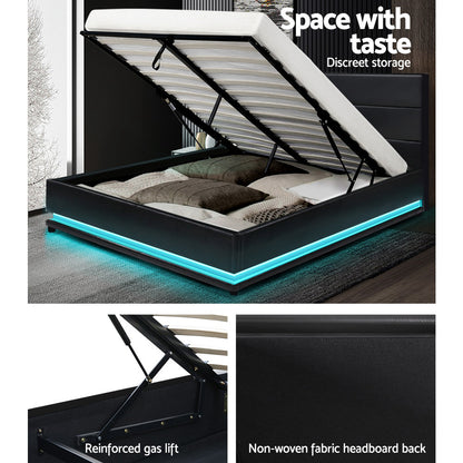 Artiss Bed Frame Queen Size LED Gas Lift Black LUMI