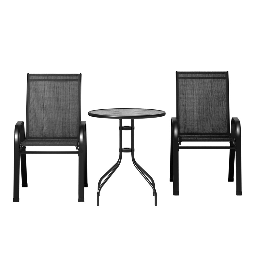 Gardeon 3PC Outdoor Bistro Set Table and Chairs Stackable Patio Furniture Black