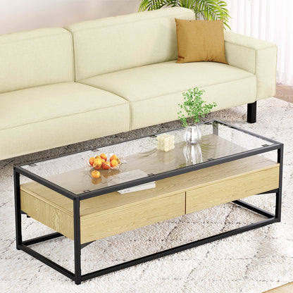 Artiss Coffee Table 2 Drawers Glass Tabletop Pine