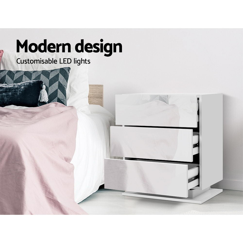 Artiss Bedside Table LED 3 Drawers - MORI White