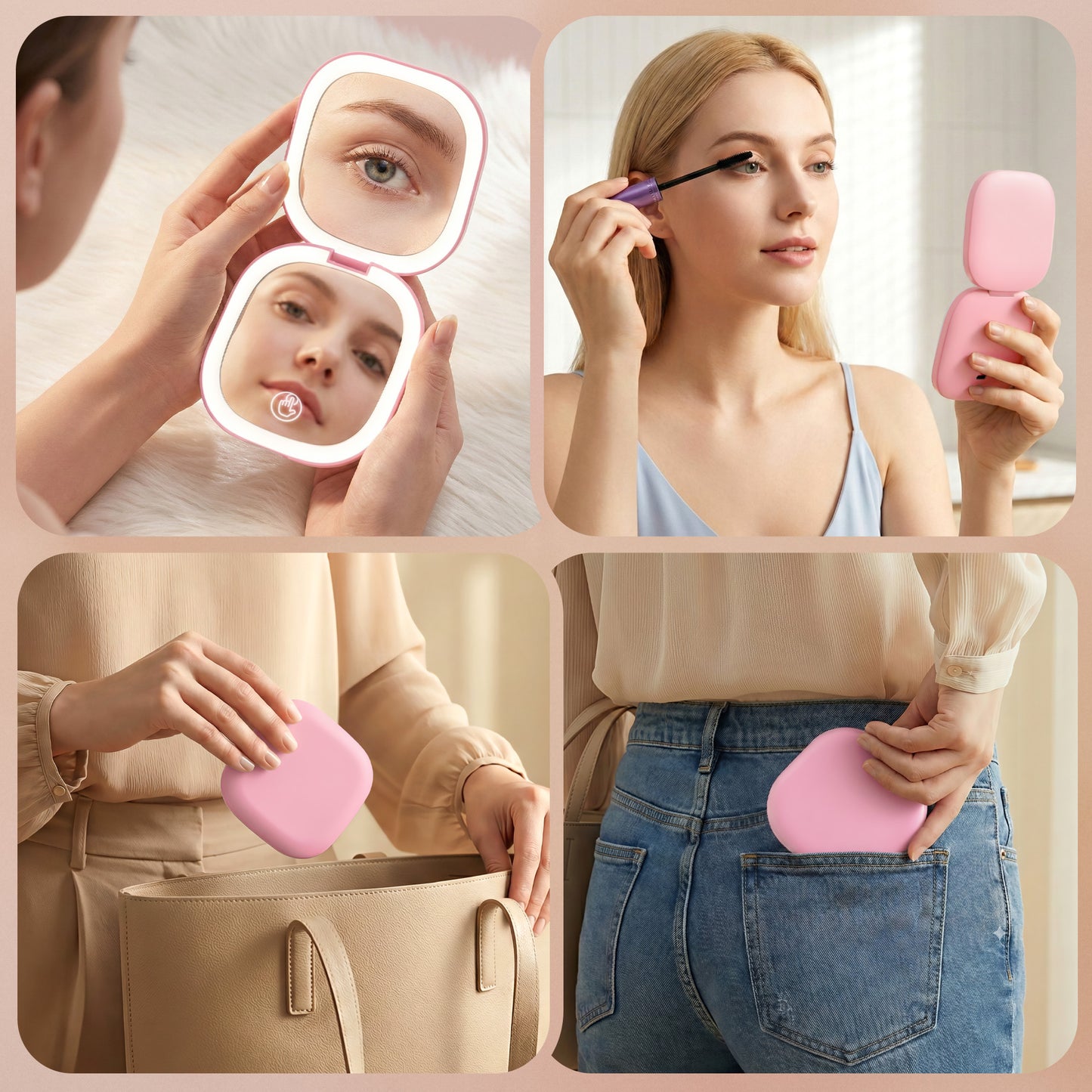 Embellir LED Compact Mirror Lighted Travel Makeup Mirror Pocket-Sized 1x 10x Magnification Square Pink