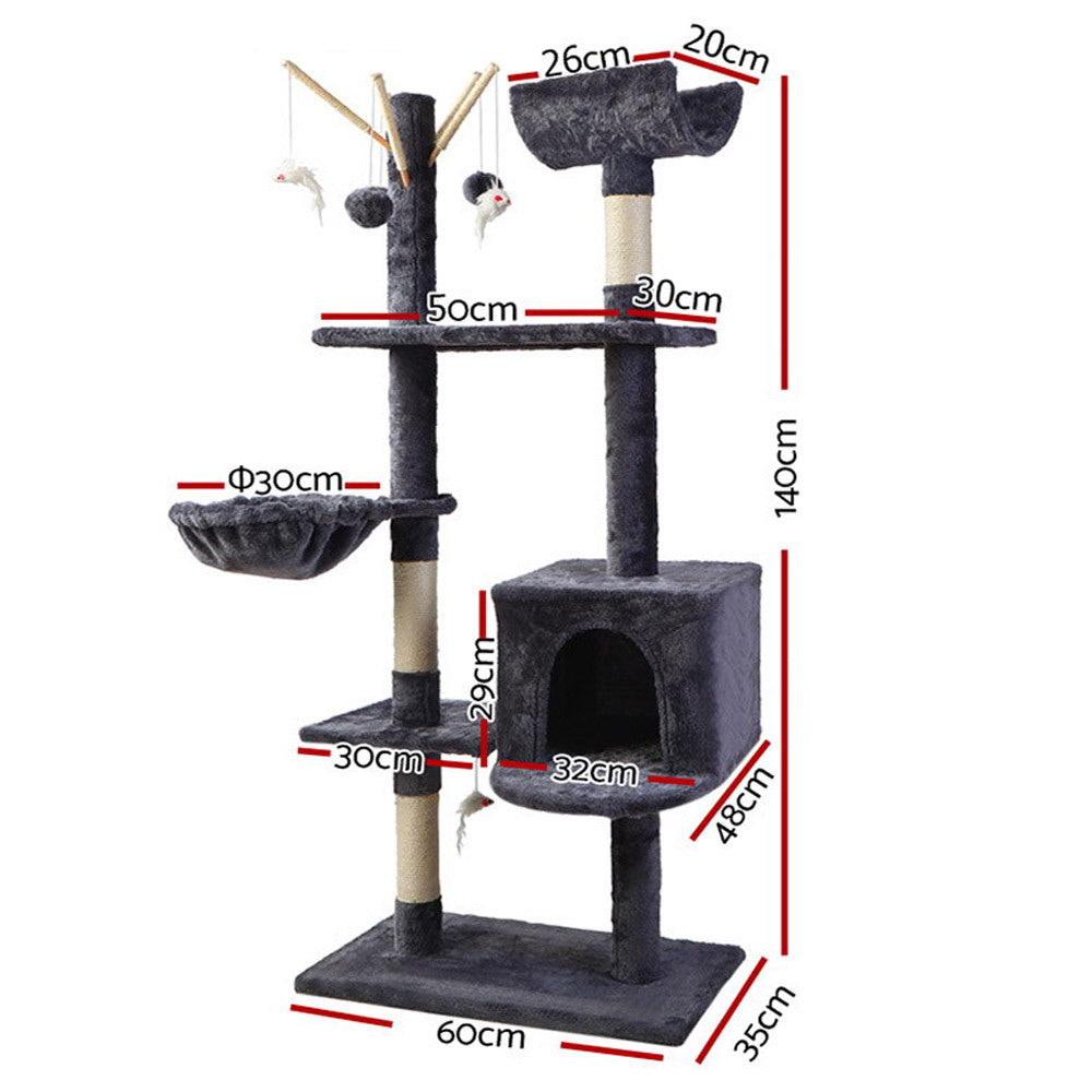 i.Pet Cat Tree 140cm Tower Scratching Post Scratcher Trees Toys Condo Bed Grey