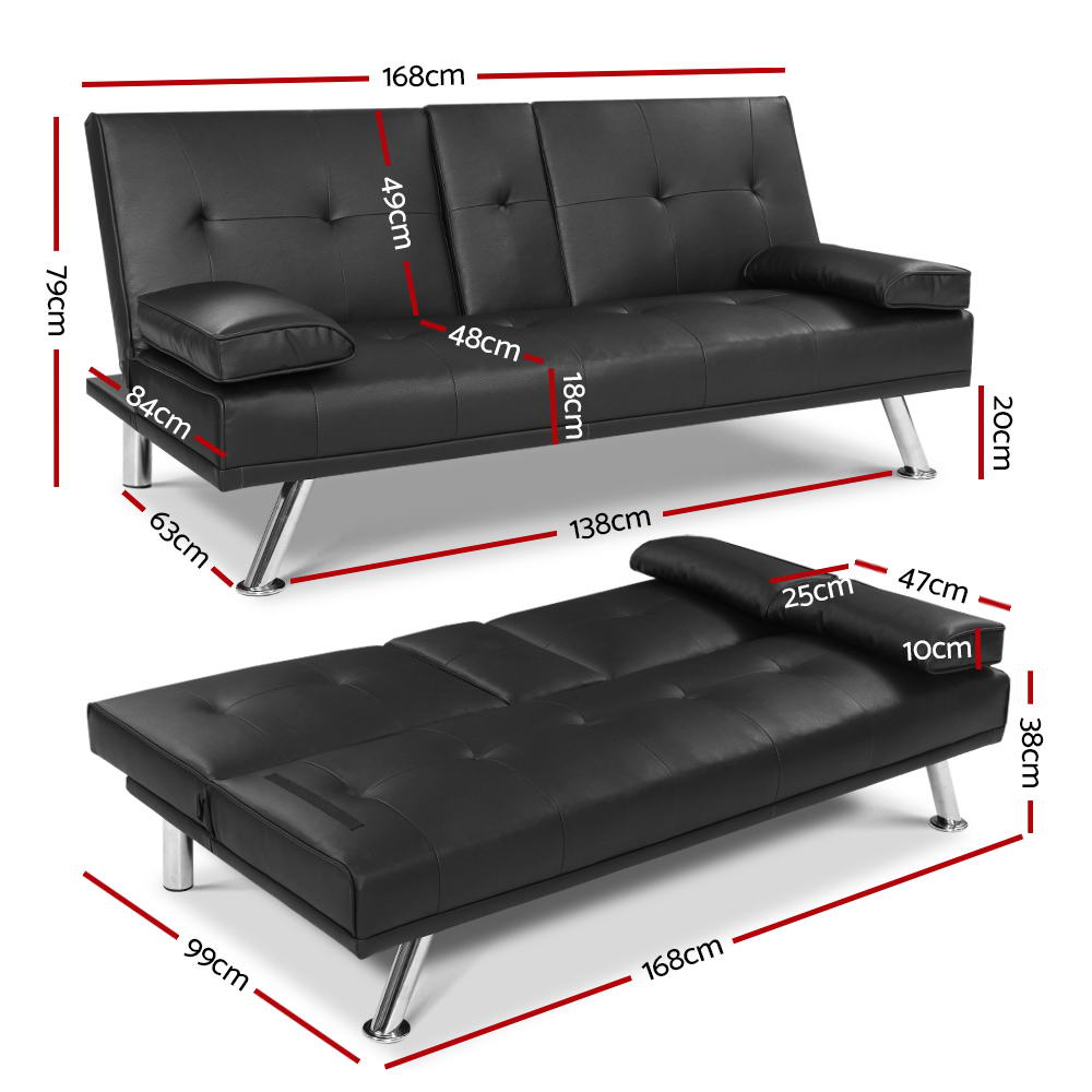 Artiss Sofa Bed 168CM Black PU Leather