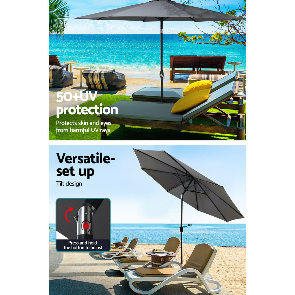 Instahut Outdoor Umbrella 3m Base Beach Pole Garden Tilt Sun Patio UV Charcoal