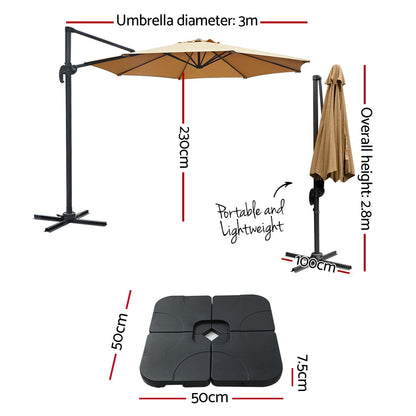 Instahut 3m Outdoor Umbrella w/Base Cantilever Beach Roma 360 Degree Tilt Beige