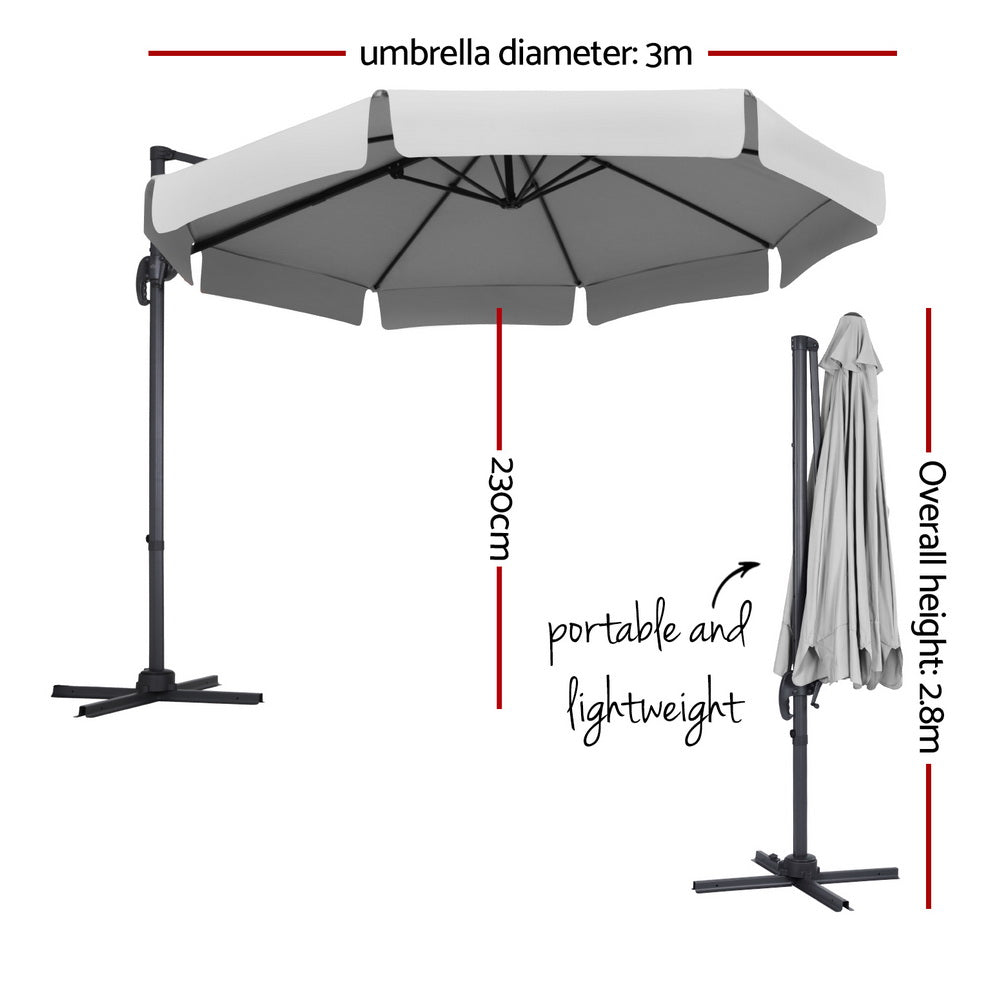 Instahut 3m Outdoor Umbrella Cantilever 360 Degree Tilt Beach Roma Grey