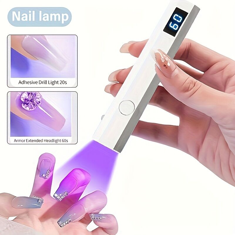 A compact portable gel nail polish lamp with a digital display — this wireless lamp lights up quickly and is perfect for home nail salons and travel.