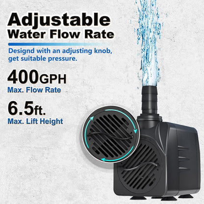 400GPH Submersible Water Pump, Ultra Quiet Fountain Pump for Ponds, Aquariums, Fish Tanks and Hydroponics. Adjustable Flow with 10ft Power Cord.