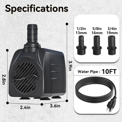 400GPH Submersible Water Pump, Ultra Quiet Fountain Pump for Ponds, Aquariums, Fish Tanks and Hydroponics. Adjustable Flow with 10ft Power Cord.