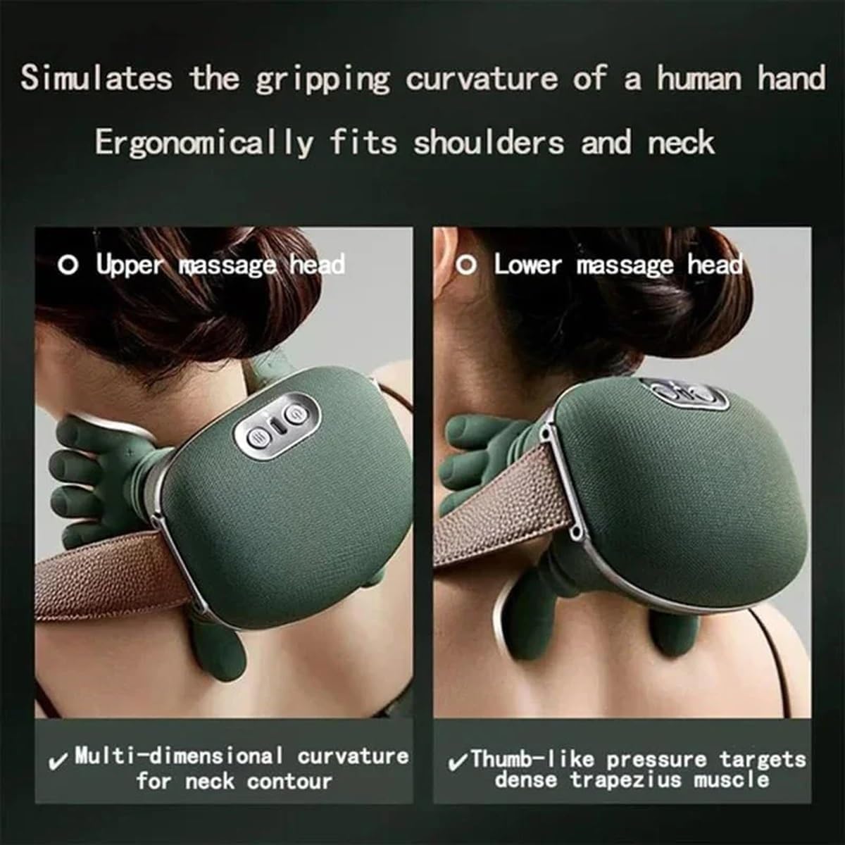 Massager, Real Hand Simulation Shiatsu Deep Tissue Electric Massager for Neck, Back & Shoulders, 3D Kneading, 3-Speed Adjustable USB Rechargeable (Green)