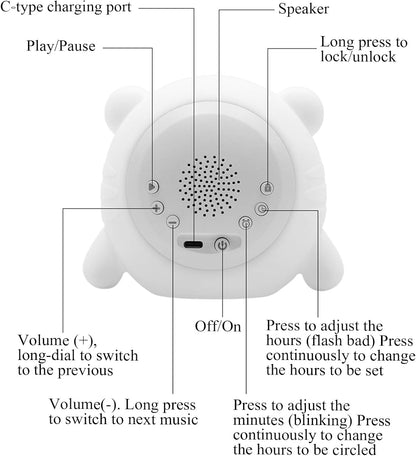 Alarm Clock, 8 Colors Adjustable Alarm Clock for Bedroom with 6 White Noises and 6 Ringtones, Cute Rechargeable Cartoon Sunrise Alarm Clock with LED Display for All Ages (A)