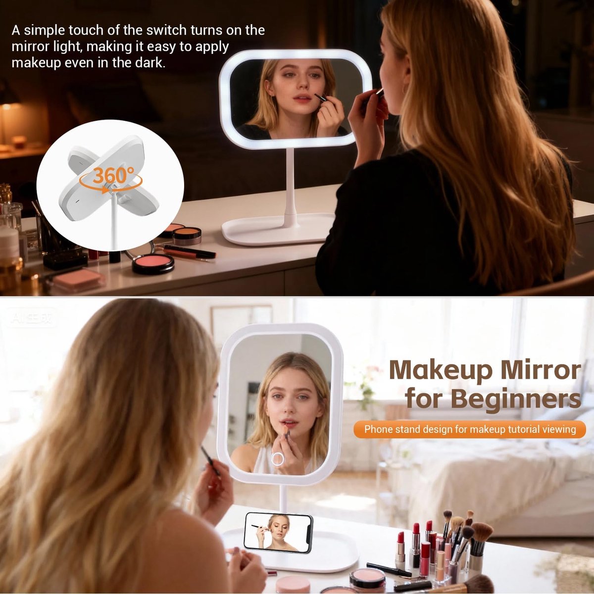 Make-up Mirror with Light - 3 Light Colors - Dimmable - Mirror with Lights - Smart Touch - USB Charging Port