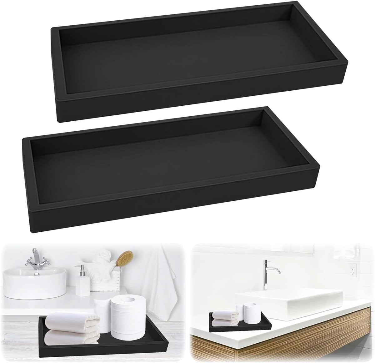 Tray - Set of 2 - Dressing table tray - Bathroom storage tray - Cosmetics storage tray - Bathroom storage box - Suitable for storing candles, soap, towels, perfume, etc. - Black - 20x10x1.8 cm