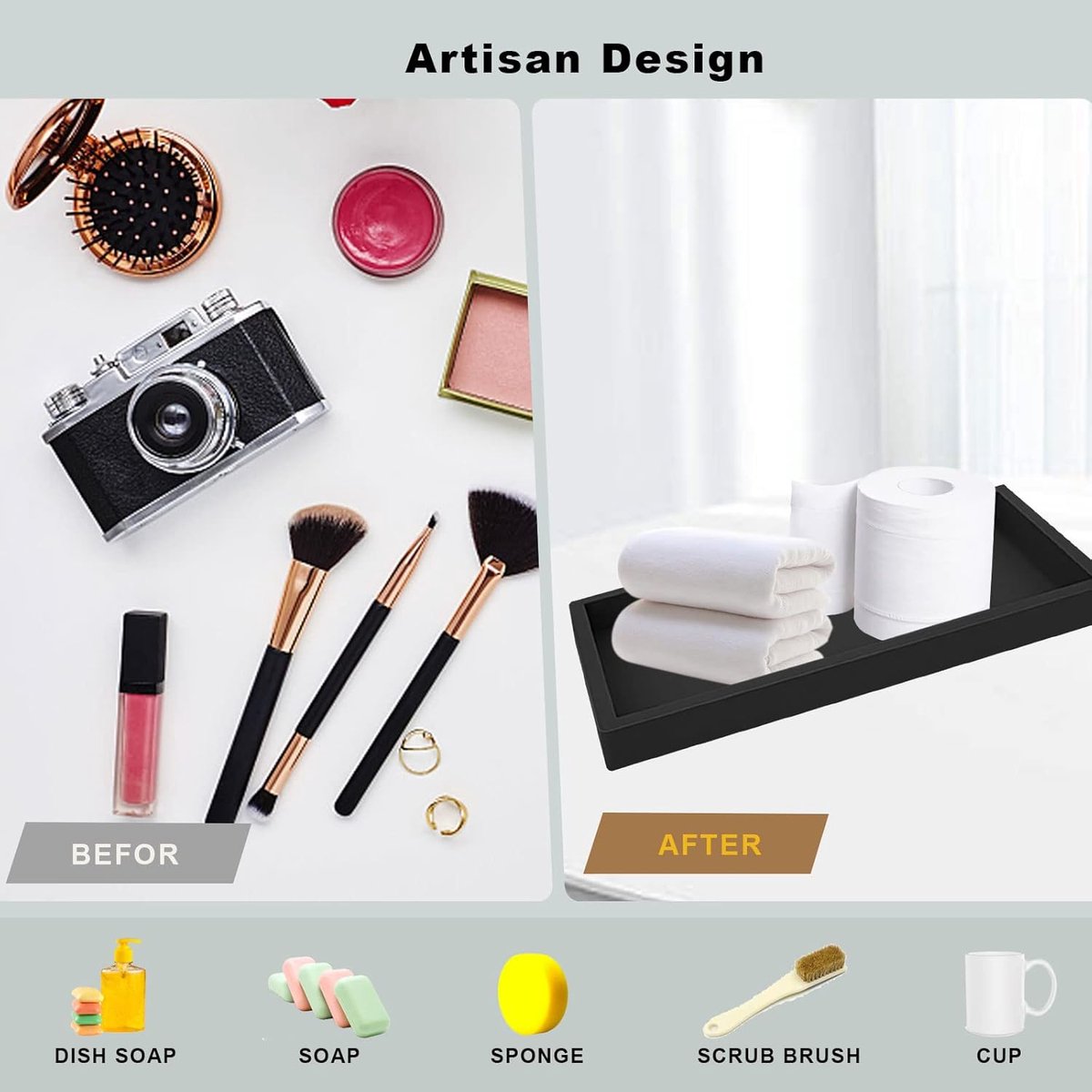 Tray - Set of 2 - Dressing table tray - Bathroom storage tray - Cosmetics storage tray - Bathroom storage box - Suitable for storing candles, soap, towels, perfume, etc. - Black - 20x10x1.8 cm