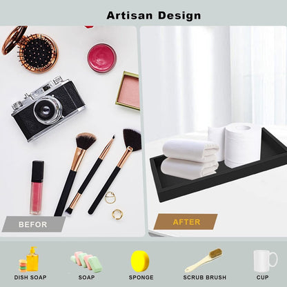 Tray - Set of 2 - Dressing table tray - Bathroom storage tray - Cosmetics storage tray - Bathroom storage box - Suitable for storing candles, soap, towels, perfume, etc. - Black - 20x10x1.8 cm