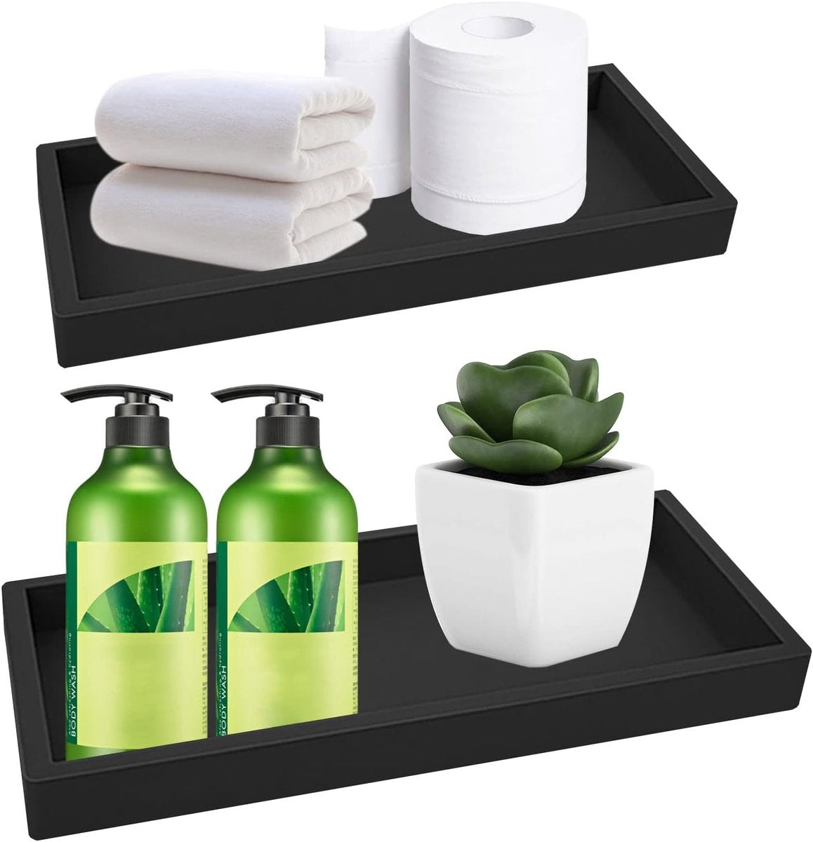 Tray - Set of 2 - Dressing table tray - Bathroom storage tray - Cosmetics storage tray - Bathroom storage box - Suitable for storing candles, soap, towels, perfume, etc. - Black - 20x10x1.8 cm