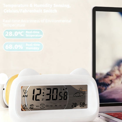 Alarm Clock - Digital Alarm Clock - Digital Clock - Smart Alarm Clock - Electronic Calendar - Cat-shaped Alarm Clock with Light - Real-time Temperature and Humidity Monitoring - Weather Display - Large Night Light Screen - USB Charging（White）