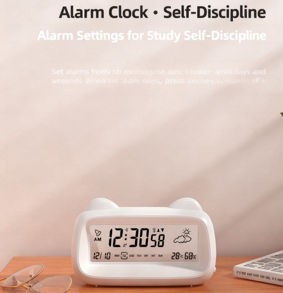 Alarm Clock - Digital Alarm Clock - Digital Clock - Smart Alarm Clock - Electronic Calendar - Cat-shaped Alarm Clock with Light - Real-time Temperature and Humidity Monitoring - Weather Display - Large Night Light Screen - USB Charging（White）