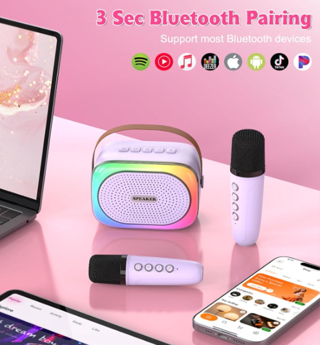 Karaoke Set for Kids - Portable Bluetooth Speaker for Car - Equipped with 2 Karaoke Microphones - Voice Changer and LED Lights - Ideal Birthday Gift for Teens and Kids - Pink