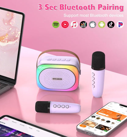 Karaoke Set for Kids - Portable Bluetooth Speaker for Car - Equipped with 2 Karaoke Microphones - Voice Changer and LED Lights - Ideal Birthday Gift for Teens and Kids - Pink