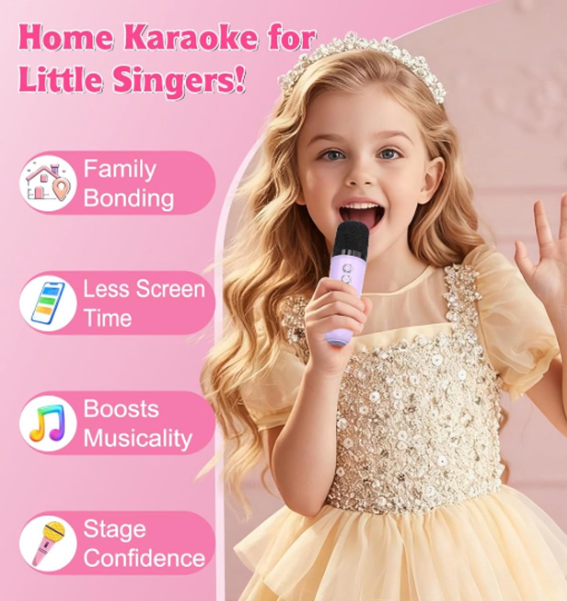 Karaoke Set for Kids - Portable Bluetooth Speaker for Car - Equipped with 2 Karaoke Microphones - Voice Changer and LED Lights - Ideal Birthday Gift for Teens and Kids - Pink