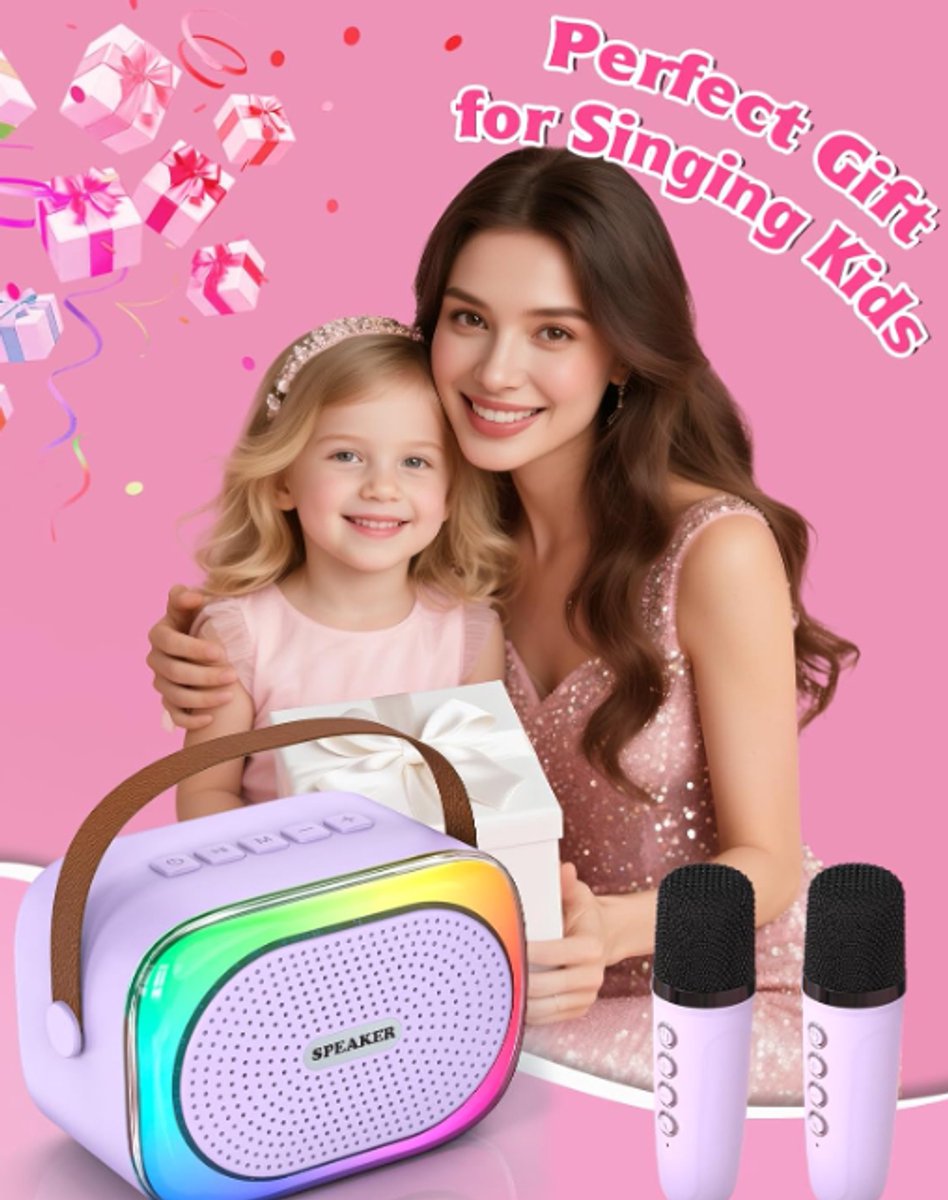 Karaoke Set for Kids - Portable Bluetooth Speaker for Car - Equipped with 2 Karaoke Microphones - Voice Changer and LED Lights - Ideal Birthday Gift for Teens and Kids - Pink