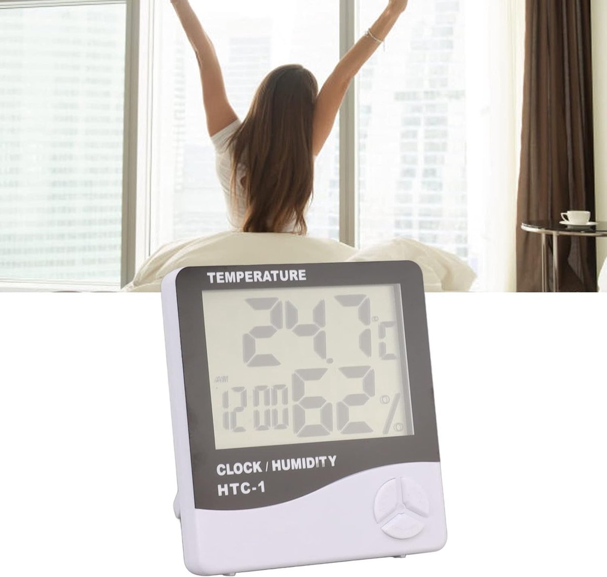 HTC-1 Home Thermometer with Electronic Alarm Clock - Creative Thermometer and Hygrometer with Large Screen - Portable Visual Alarm Clock