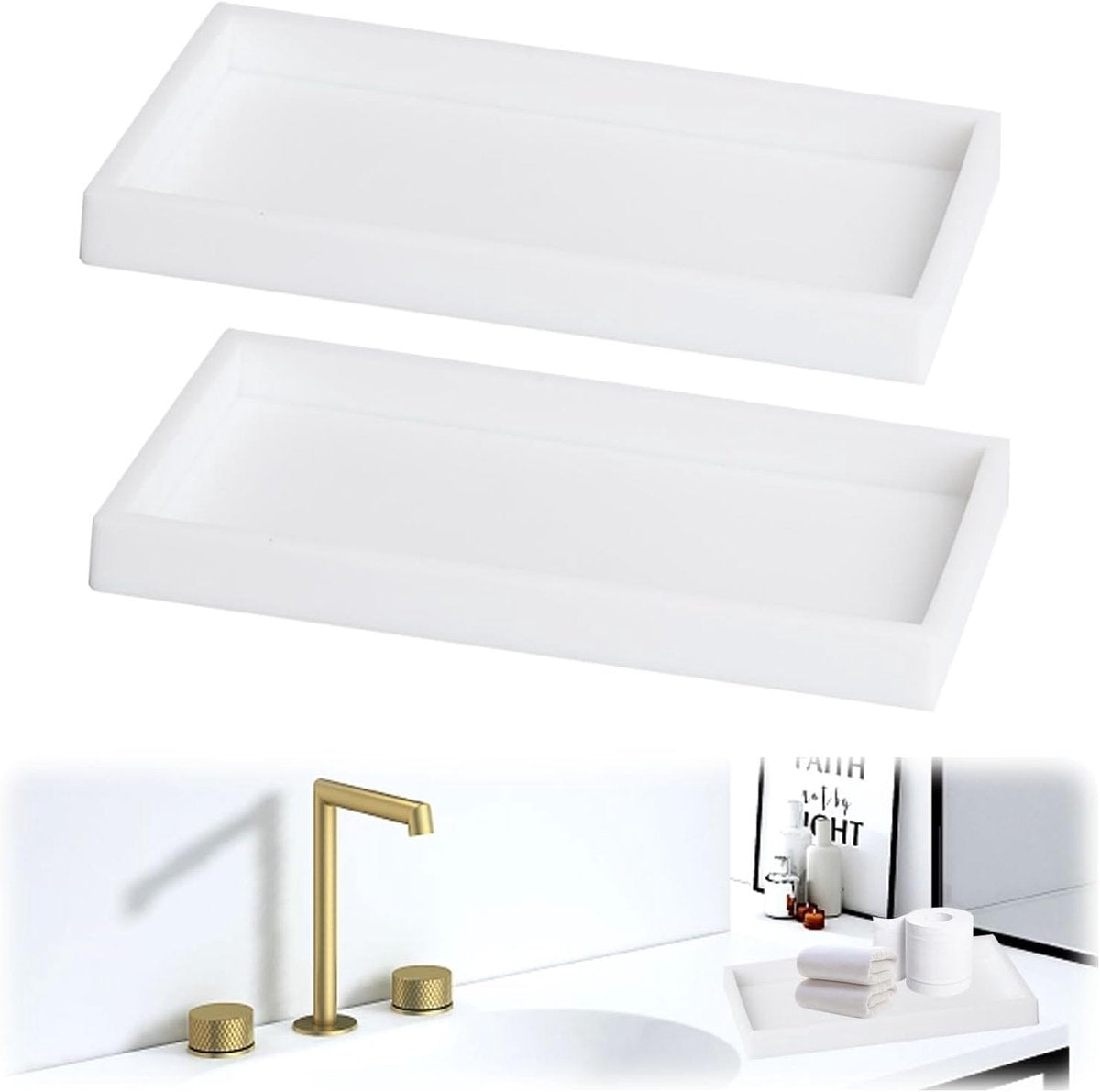 Tray - Two-piece set - Dressing table tray - Bathroom storage tray - Cosmetics storage tray - Bathroom storage box - Suitable for storing candles, soap, towels, perfume, etc. - White - 20x10x1.8 cm