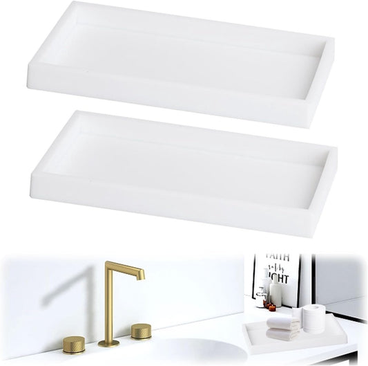 Tray - Two-piece set - Dressing table tray - Bathroom storage tray - Cosmetics storage tray - Bathroom storage box - Suitable for storing candles, soap, towels, perfume, etc. - White - 20x10x1.8 cm