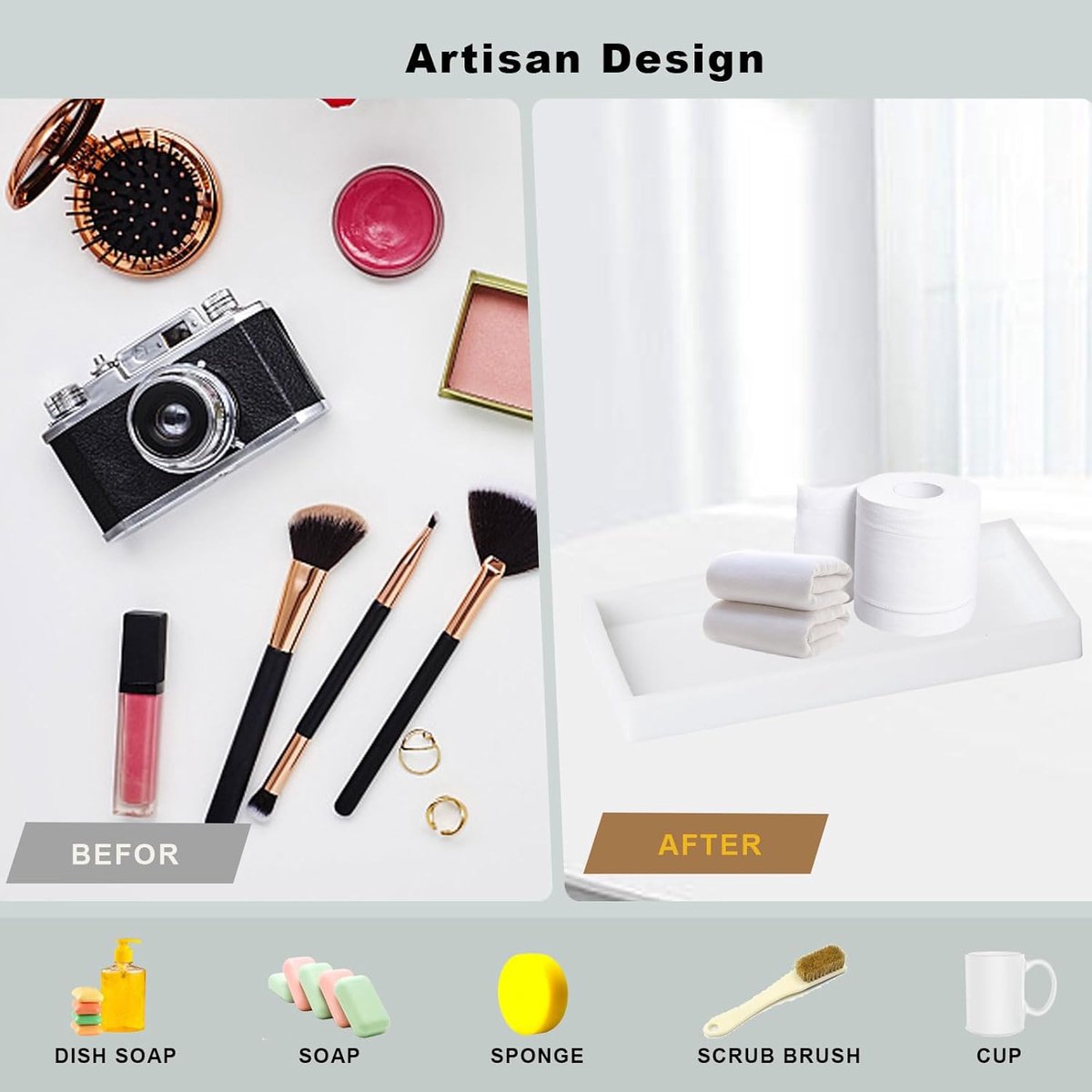 Tray - Two-piece set - Dressing table tray - Bathroom storage tray - Cosmetics storage tray - Bathroom storage box - Suitable for storing candles, soap, towels, perfume, etc. - White - 20x10x1.8 cm