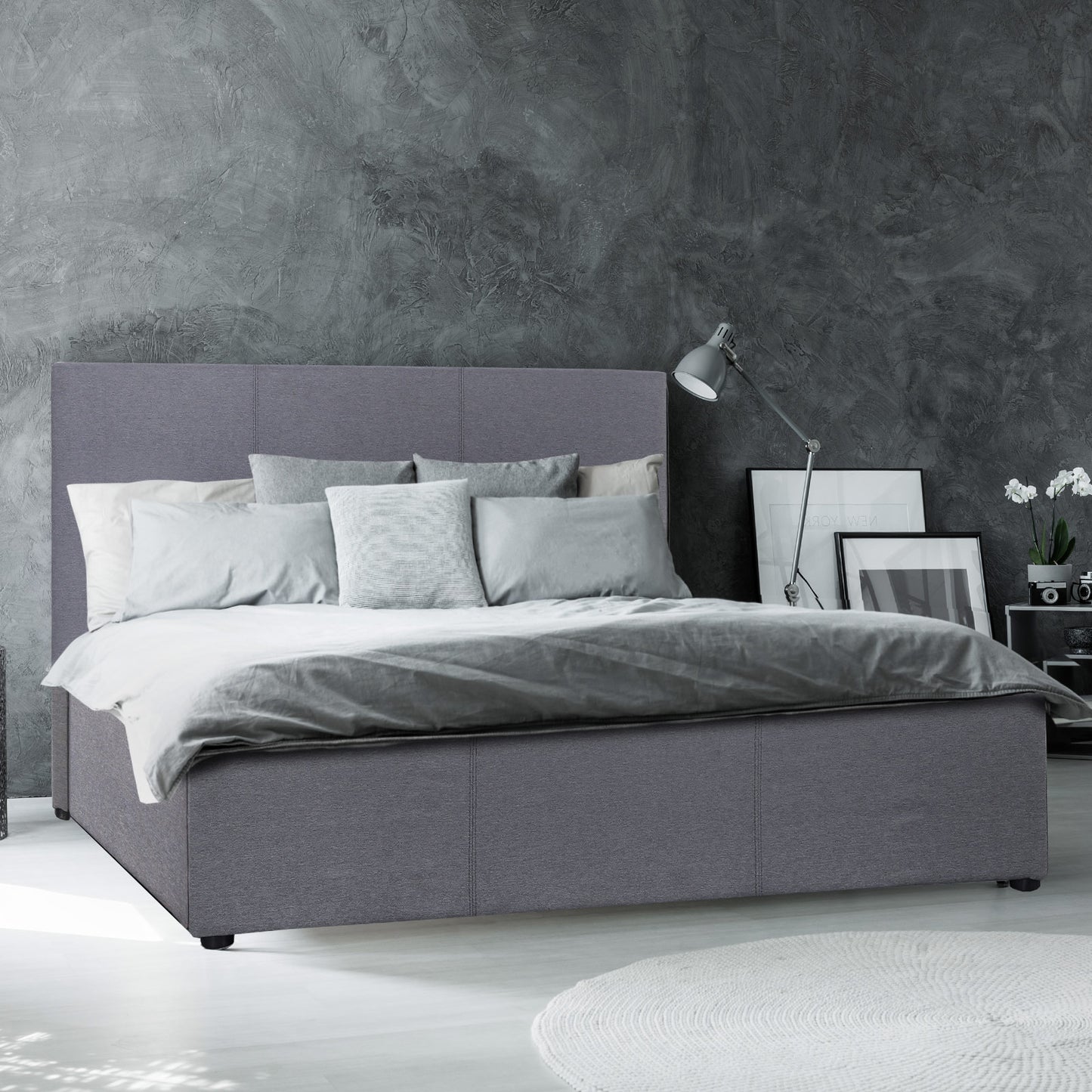 Milano Luxury Gas Lift Bed Frame Base And Headboard With Storage - Queen - Grey