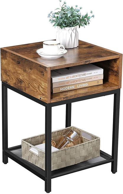 Side Table with Open Compartment and Mesh Shelf Rustic Brown and Black