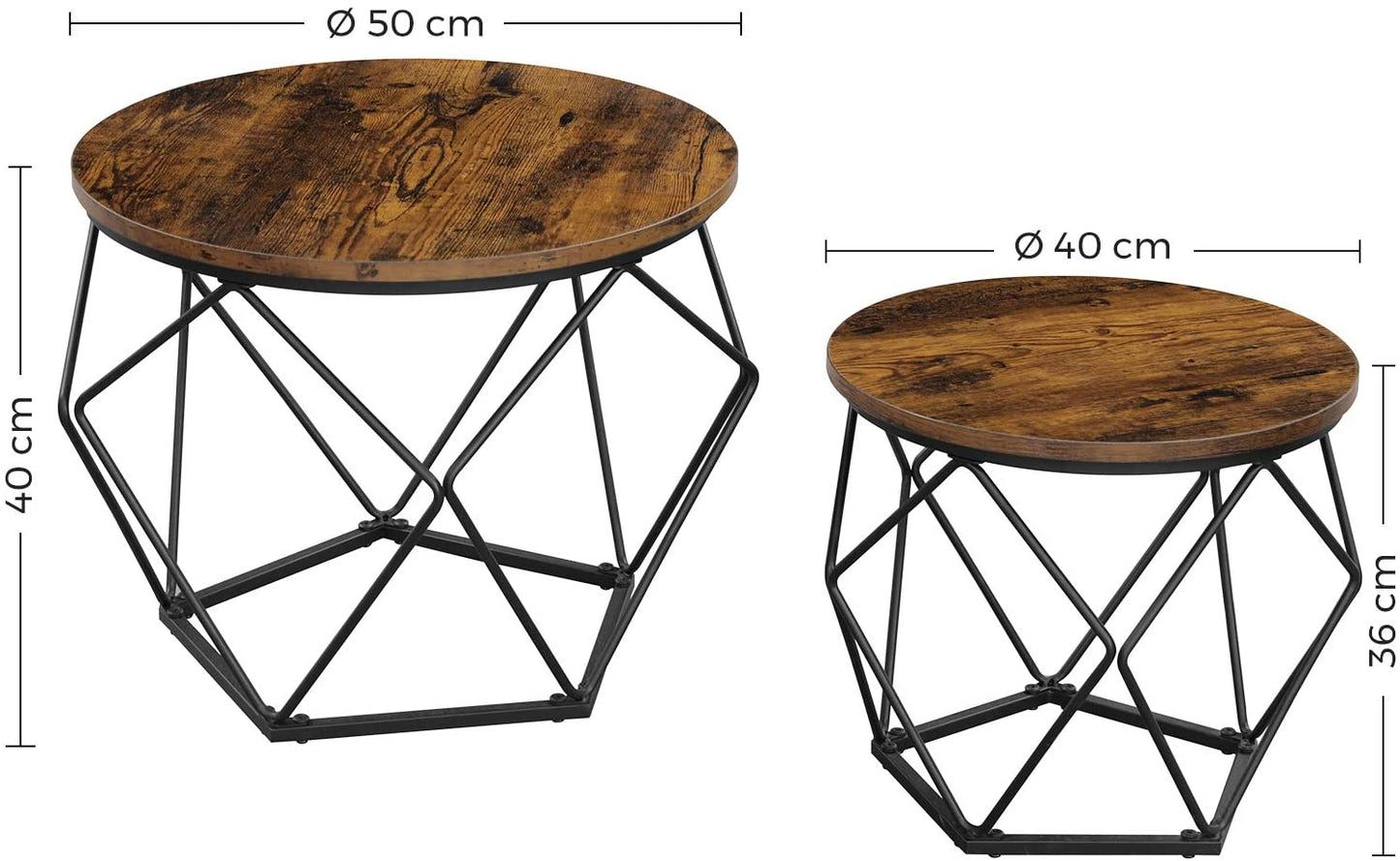 Set of 2 Side Tables Robust Steel Frame Rustic Brown and Black