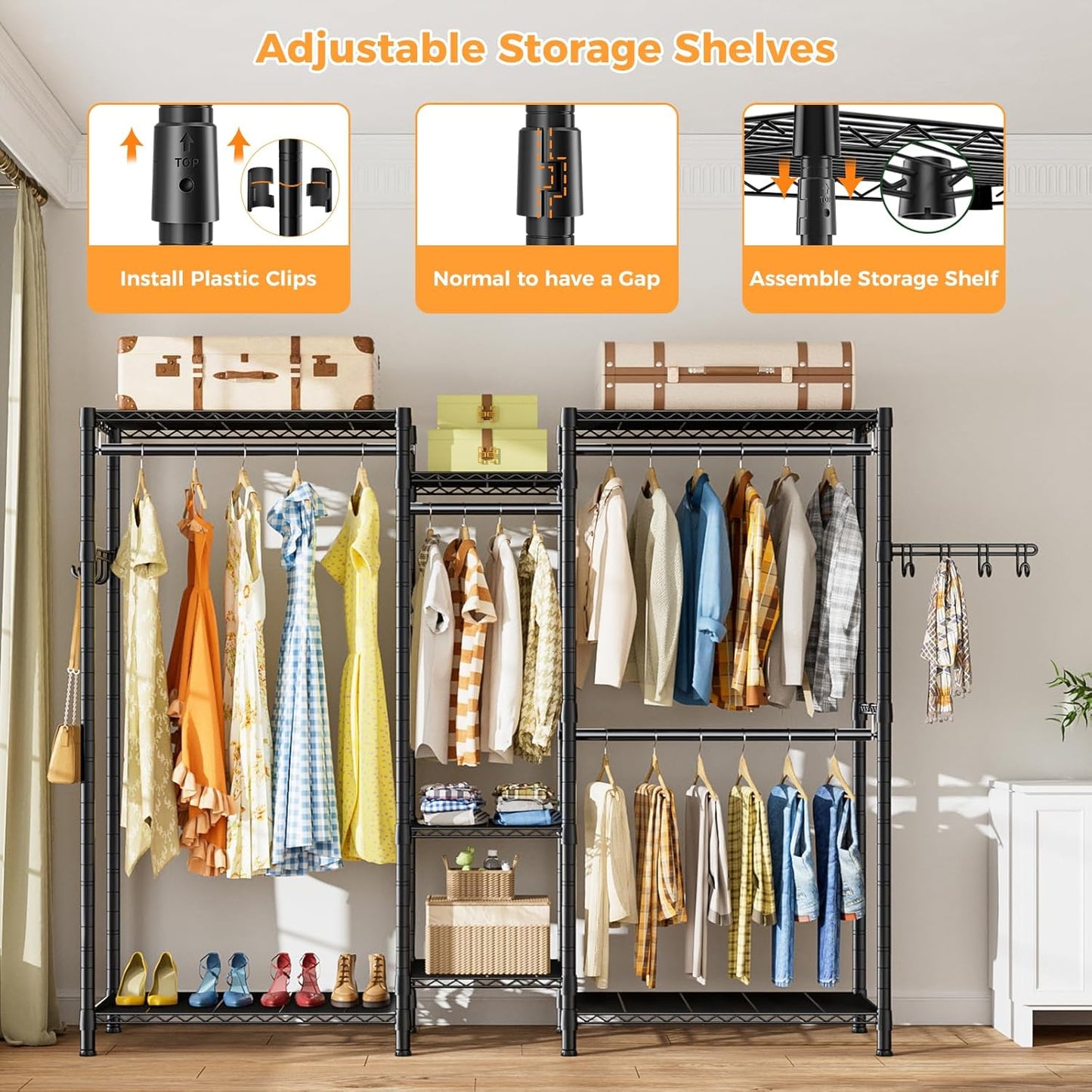 CARLA HOME Heavy Duty Clothing Garment Rack Organizer with Hanging Rods & Storage Shelves for Clothes, Shoes & Wardrobe