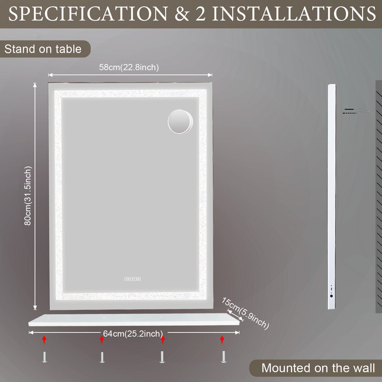 Crystal Vanity Mirror 80CM LED Bluetooth Magnifying