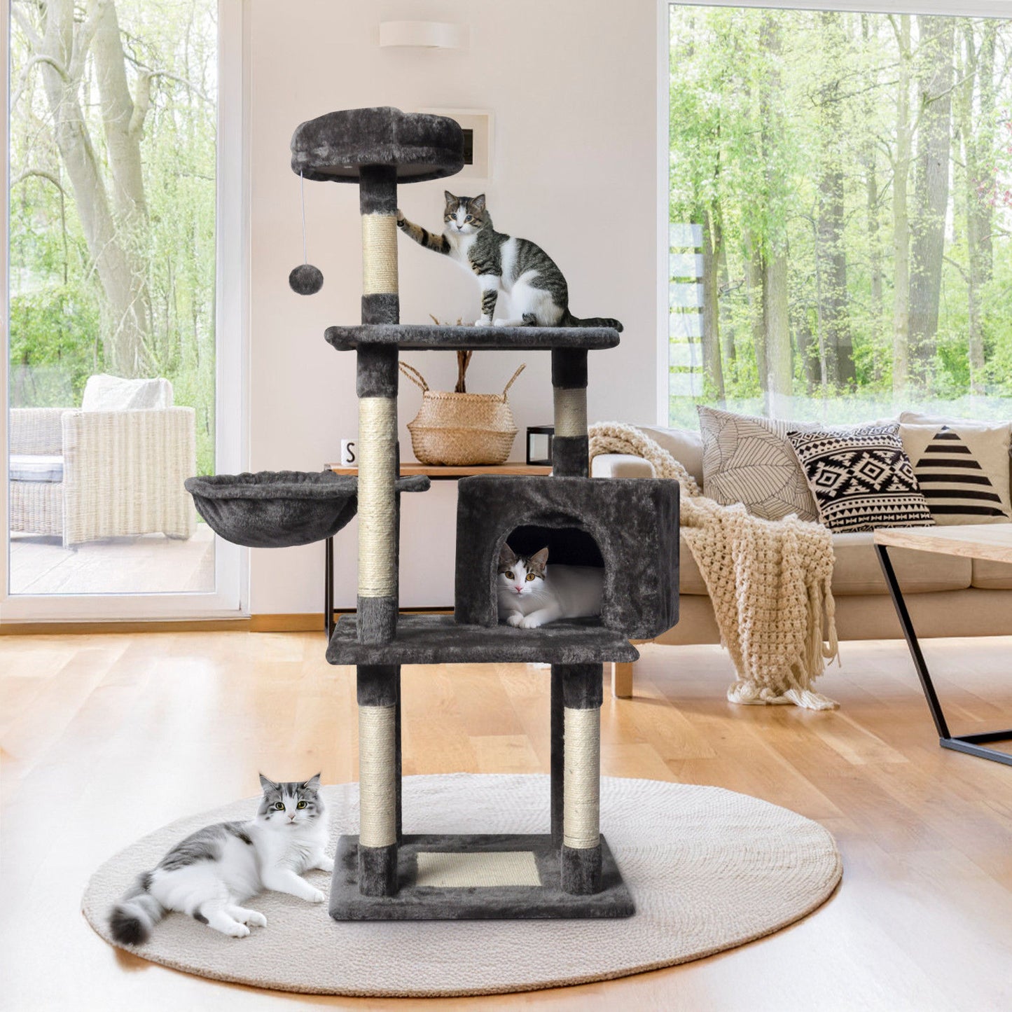 Large Grey Cat Tree Tower Condo with Scratching Post Bed