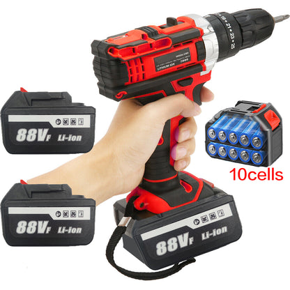 Cordless Drill w/2 Battery Heavy Duty Impact Driver Kit Brushless Hammer Set 88V