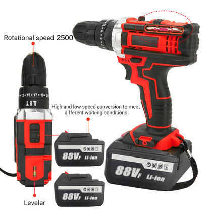 Cordless Drill w/2 Battery Heavy Duty Impact Driver Kit Brushless Hammer Set 88V