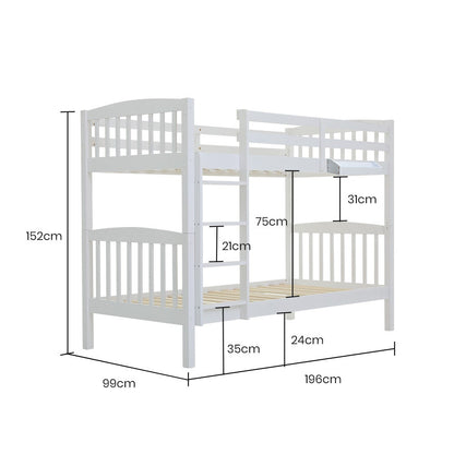 Kingston Slumber Wooden Kids Bunk Bed Frame, with Modular Design that can convert to 2 Single, White