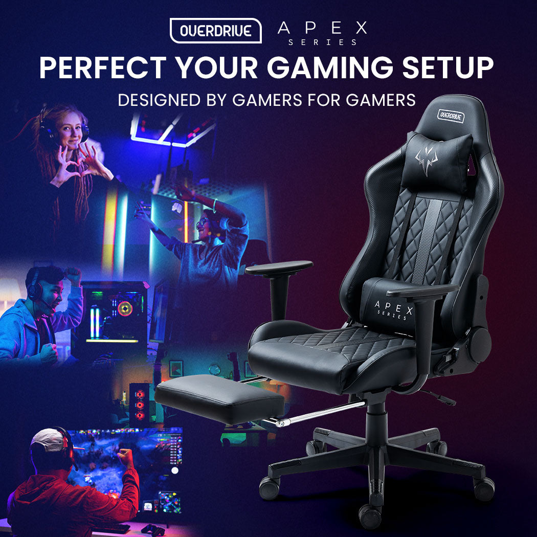 OVERDRIVE Apex Series Reclining Gaming Ergonomic Office Chair with Footrest, Black