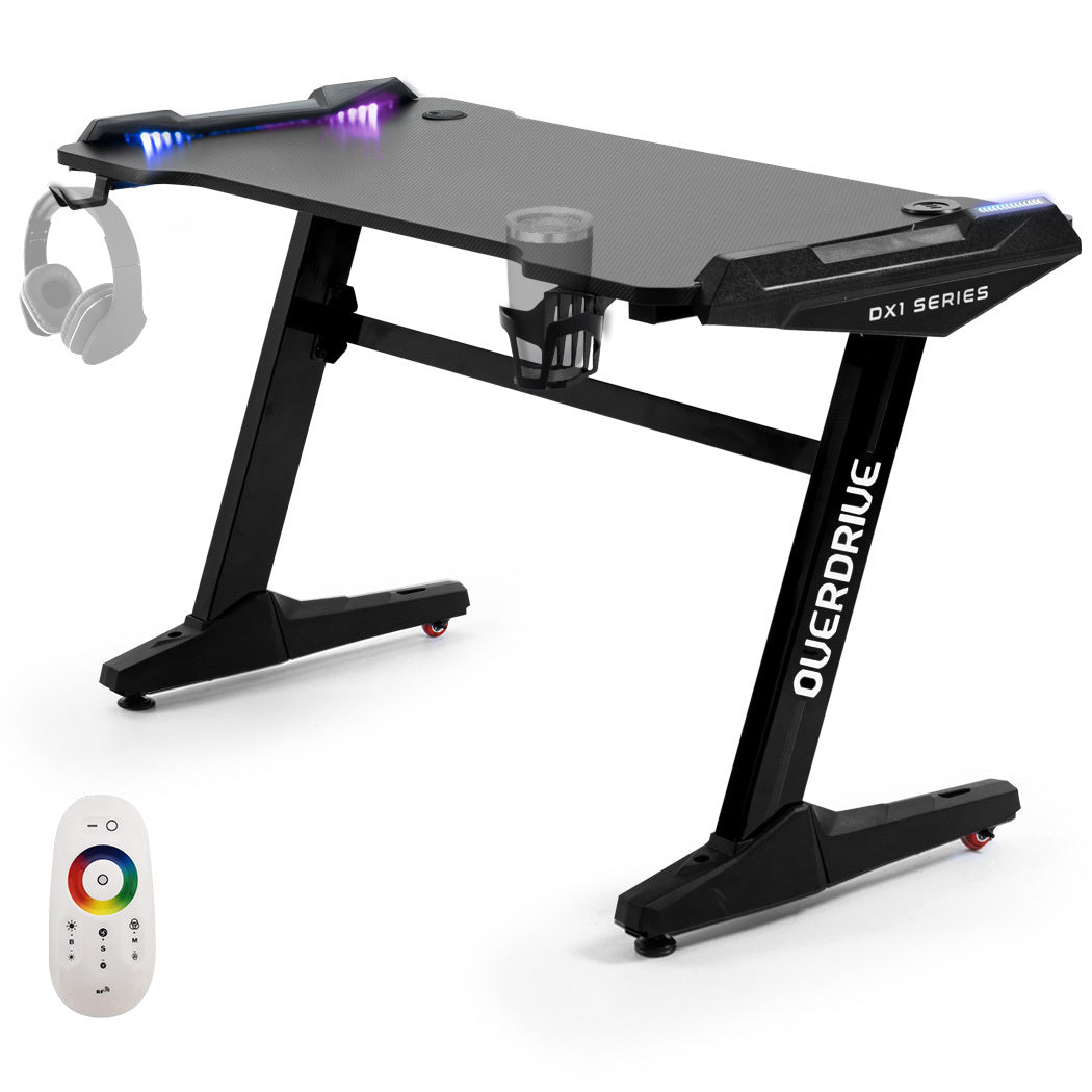 OVERDRIVE Gaming Desk, 120x60cm, Carbon Fiber Styling, LED Lights, Hea ...