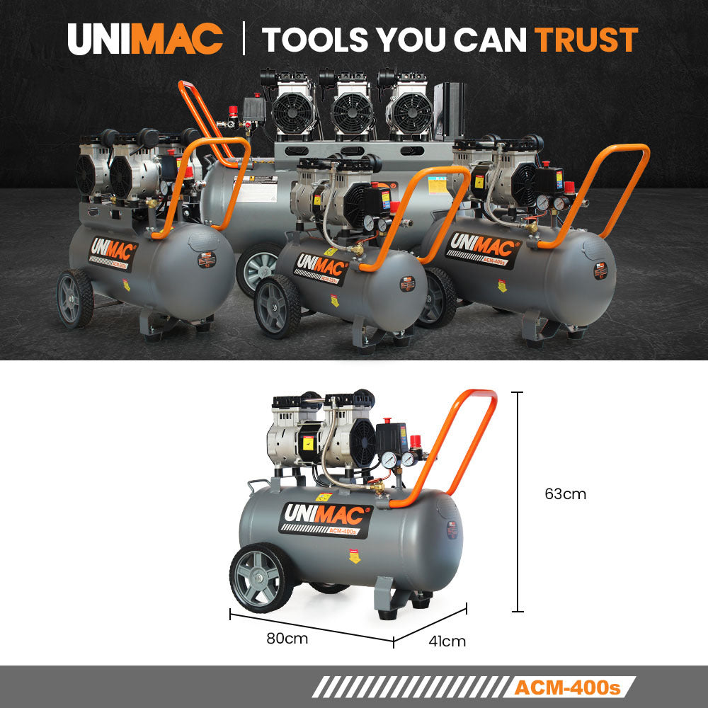 UNIMAC 40L 2.0HP Silent Oil-Free Electric Air Compressor, Portable, Twin Nitto Outlets